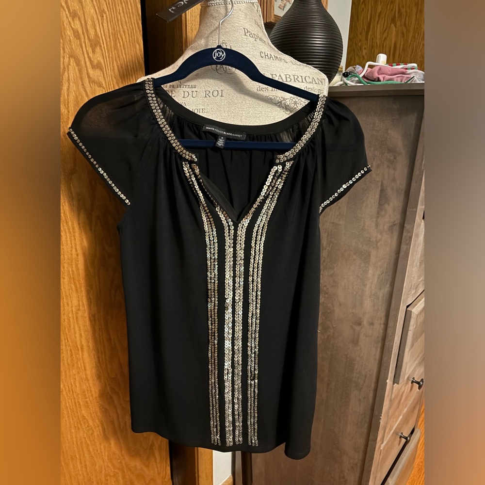 White House Black Market black blouse with gold sequins
